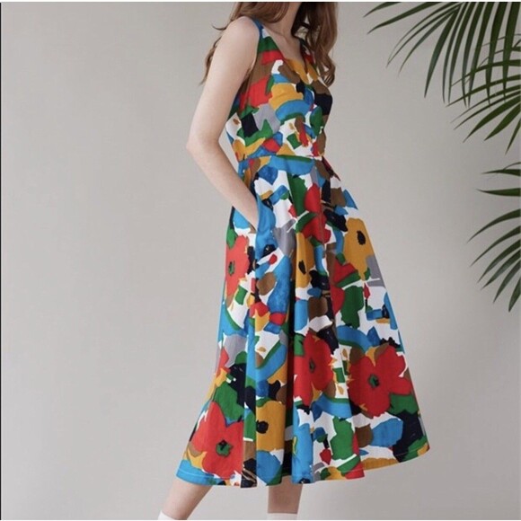 Emily and Fin Margot MIDI Dress Floral Multicolor Sleeveless 100% Cotton  XL - Picture 1 of 12